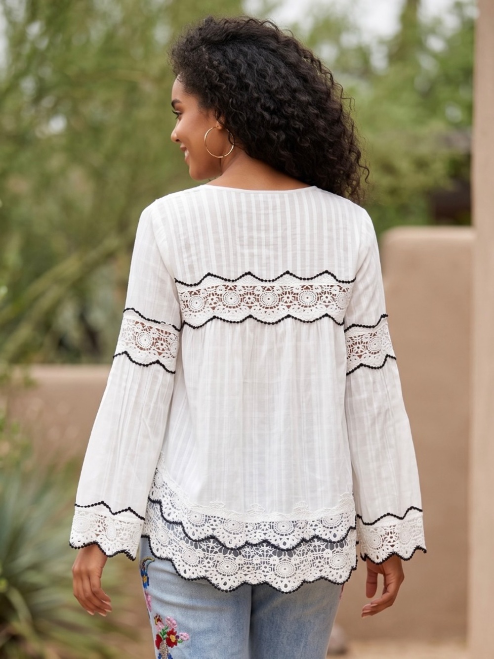POL White Lace Trim Peasant Top | Long Bell Sleeve Cotton Babydoll - Picture 4 of 6